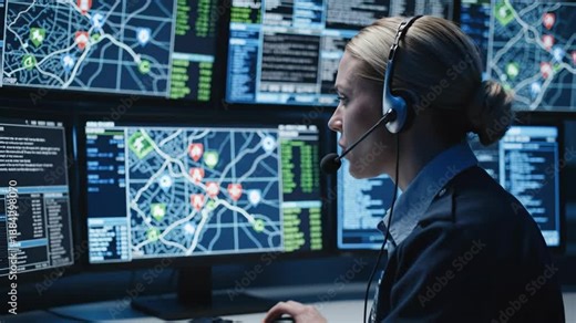 Female emergency dispatcher working in a high-tech control room. 911 operator with headset monitoring digital maps and data on multiple screens. Public safety and emergency response concept