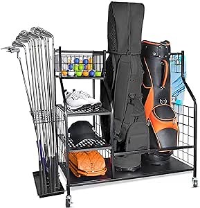 Golf Bag Storage Rack for Garage, Golf Bag Organizer, Golf Bag Stand, Golf Storage Garage Organizer Fit for 2 Golf Bags and Golf Equipment Accessories, Extra Large Size Golf Storage Rack with Wheels