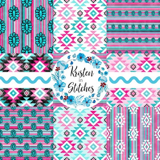 Southwest Aztec Seamless Pattern Set of 9, PNG Printable Digital Paper, Western Cowgirl, Squash Blossoms, Serape Stripes, Pink Turquoise - Etsy