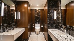 Modern Luxury Restroom: Sleek and sophisticated bathroom interior with dark marble walls, wooden panels, and contemporary fixtures. A perfect example of modern design in a commercial setting.