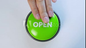Young woman pressing green Open button. 4k footage. Access something on the Internet. Open something by pushing a button. Open a file, a door, a present.