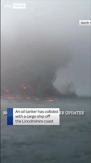 Tanker and cargo ship in flames after crash
