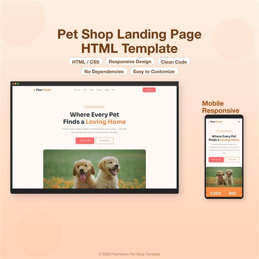 Pet Shop Landing Page HTML CSS Template | Pet Store Website | Grooming | Responsive | Clean Code | Digital Download - Etsy
