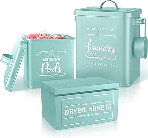 Rtteri 4 Pack Laundry Detergent Storage Container Metal Pods Bin Holder with Scoop Dryer Sheet Holder with Lid Laundry Detergent Organizer Farmhouse Canisters for Beads Powder Organization (Green)