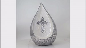 M MEILINXU Religious Teardrop Cremation Urns for Ashes Adults - Display at Home or in Niche at Columbarium, Engraved Cross Urns for Human Ashes for Male & Female, White Urn - Large