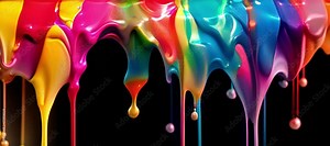 Saturated multicolored paint dripping down, forming bright drops on a black background