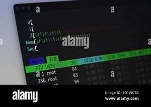 A close-up view of the system monitor showing process IDs, user activity, and data transfer rates, vital for software development and server diagnostics