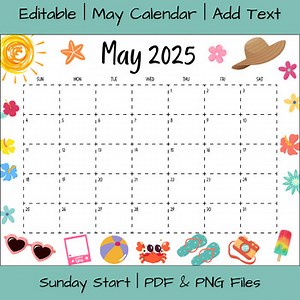 Editable May 2025 Calendar Printable Templates | PDF & PNG File Downloads