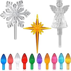 110Pcs in 10 Colors Ceramic Christmas Tree Replacement Bulbs - Plastic Lights Pegs, Included Angel Topper＆Snowflake Top＆Cross Stars.