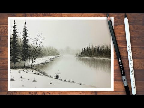 Beautiful Winter River Scene | Charcoal Landscape Drawing Step by Step