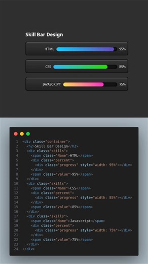 ✨ Animated Skill Bar Using HTML & CSS 💻🔥 | Pure CSS Progress Bar Animation 🚀 #Shorts