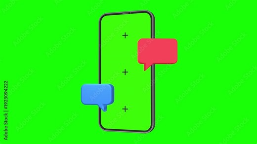 3D smartphone rotating slightly with floating message bubbles and chroma key screen for easy content replacement.