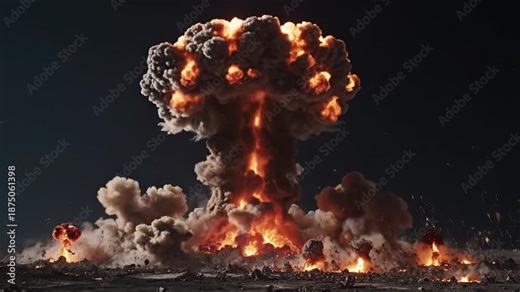 Dramatic explosion of a nuclear bomb creating a massive fireball and shockwave in a dark landscape