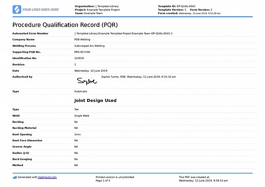 Procedure Qualification Record (PQR) template: Digital format or PDF