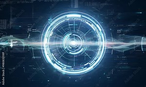 A circular data hub with rotating segments, overlaid with dynamic coding elements and data flow.