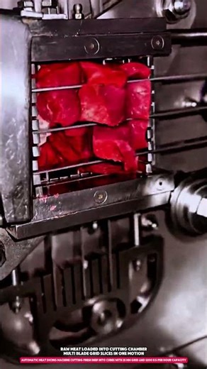 automatic meat dicing machine cutting fresh beef into cubes with 25 mm grid and 1200 kg per hour