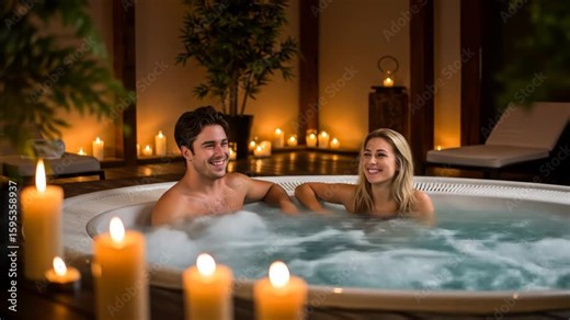 Romantic Couple Relaxing in a Hot Tub at a Spa - A young couple enjoys a relaxing soak in a hot tub surrounded by candlelight.