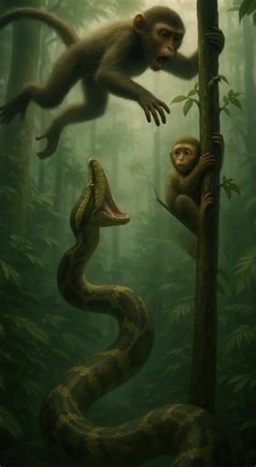 The Baby Monkey Leaps in Fear… What Happens If the Python Gets Any Closer?