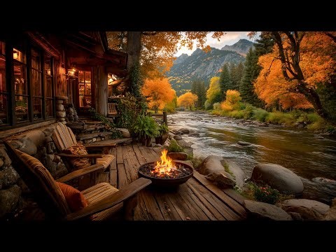Cozy Autumn Riverside Porch Ambience | Fire Crackling & Birds Singing for Stress Relief