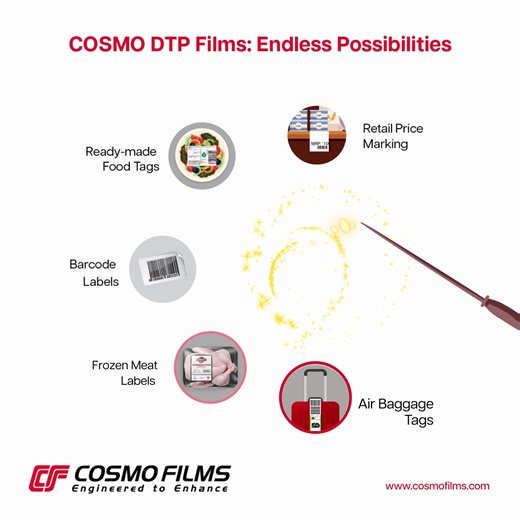 Discover the boundless potential of COSMO DTP Films! With applications ranging from labels to packaging, retail tags, and more, our films open a world of creative possibilities for your brand. Unleash your imagination with COSMO Films. . . . . . #COSMODTPFilms #DTPFilms #CosmoFilms #EndlessPossibilities | Cosmo Films