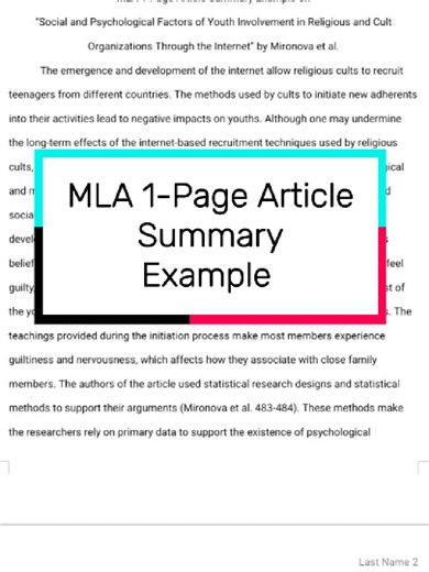MLA 1-Page Article Summary Example on “Social and Psychological Factors of Youth Involvement in Religious and Cult Organizations Through the Internet” by Mironova et al. #MLA, #articlereview, #summary, #research, #assignmenthelp