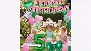 Pink and Green 5th Birthday Decorations - Happy Birthday Decoration Kit for Girls Boys with Banner Balloons, Crown Witch Hat Number 5 Bows Balloon Party Supplies for Kids Bday Celebration