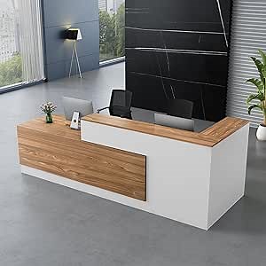 Modern Reception Desk with Counter, Front Desk L-Shaped Receptionists Desk with Lockable Drawer & Cabinet, Wooden Checkout Counter (White Left, 63"x23.6"x41.3")