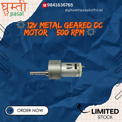 ⚙️ 12V Metal Geared DC Motor – 500 RPM ⚙️ Power your robotics and automation projects with this 12V Metal Geared DC Motor, designed for smooth performance, high strength, and long-term reliability. 🔧 Specifications: Operating Voltage: 12V DC No-Load Speed: 500 RPM Gearbox: Full Metal Gears Estimated Torque: ~3–5 kg·cm (varies with load & supply) High Torque, Low Noise Operation Strong & Durable Construction Ideal for Robots, Line Followers, RC vehicles, DIY & automation projects 💪 A perfect ba