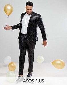 ASOS PLUS Super Skinny Suit in Black Sequins With Gold Trims | ASOS