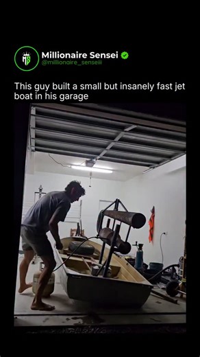Millionaire Sensei on Instagram: "In this clip a person involved in a DIY mini jet boat project within a garage setting. These compact, high-performance vessels are a popular hobbyist project, often built using donor engines and jet pumps sourced from personal watercraft (PWCs) like jet skis, which provides a cost-effective and readily available powertrain solution. Building one of these boats typically begins with obtaining plans or a full hull kit, often made from marine-grade plywood or alumi