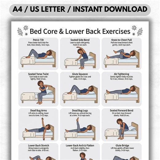 Tableau des exercices du corps du lit et du bas du dos pour les personnes âgées - Entraînement doux au lit à faible impact - Guide de remise en forme pour seniors - Téléchargement numérique imprimable - Etsy France