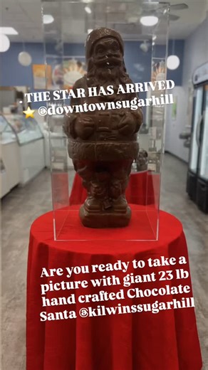 Only once a year! Our 23 lb Hand-Crafted Chocolate Santa is on display. Swing by and snap your holiday photo before he melts away! #sugarhill #kilwinsicecream #kilwinssugarhill #downtownsugarhill | Kilwins Sugar Hill