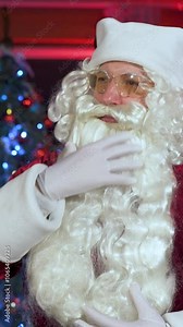 Portrait of a real Santa with white beard. Senior man in santa clause costume wearing glasses standing in Christmas decorated room and talking. Vertical video.