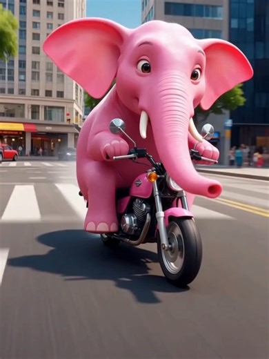 Text to video 丨 crie um elefante cor de rosa andando em uma moto pequena ,corren