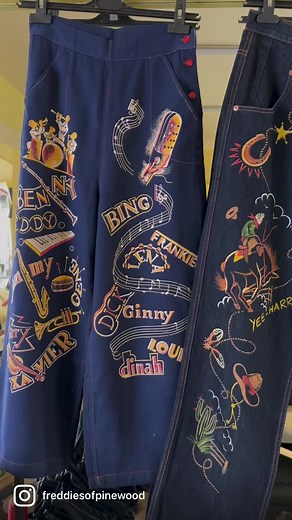 1.8K views · 59 reactions | My original 1940s painted jeans with a pair of our Rivets in the middle. These were painted for me by a talented tattoo artist | Freddies of Pinewood | Facebook