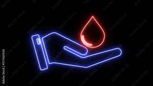 Neon Blood donor line animated icon design. Medical equipment Blood donation icon. Blood Donor Day poster with blood and Hand 4k Animation Concept
