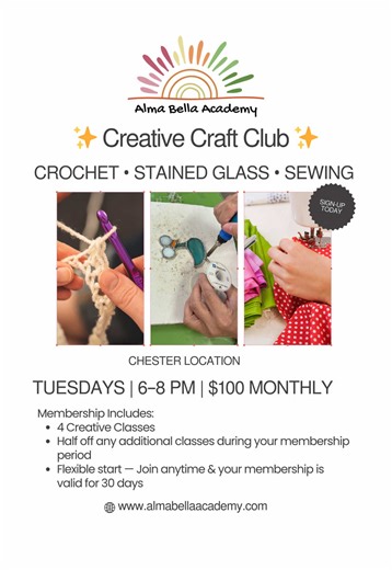 🧶✨ Alma Bella Creative Craft Club | Chester, VA ✨🧵 Create, relax, and connect at Alma Bella Academy's Creative Craft Club—your go-to space for hands-on creativity and community. 🪡 What we’re making: • Sewing • Crochet • Stained Glass • Seasonal & themed projects 🕰 Craft Club Hours: • Tuesday: 6-8pm PM 📍 Chester, VA Drop in, work on a project, learn something new, or just enjoy creative time in a warm, welcoming space. Come for an hour or stay all afternoon! ✨ Creativity Community = Alma Bel
