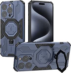 MAGIC JOHN for iPhone 15 Pro Max Case [Compatible with Magsafe] [with Magnetic Metal Stand][Camera Lens Protector & Military Grade Drop Tested][Anti Yellowing],Blue