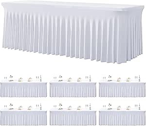 6 Pack Spandex White Tablesloths for 8 Foot Rectangle Tables, Stretchy Table Cloths 8ft Fitted Table Cover Desk Skirt for Parties Weddings Birthday Banquet Baby Shower