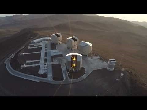 Drone view of the 4 Lasers of the Very Large Telescope at Paranal Observatory, Atacama desert Chile