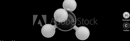 Chemical structure and 3d model of Methane (CH4). Methane is used as a fuel for ovens, homes, water heaters, kilns, automobiles,turbines.3d rendering. Seamless loop. Black background.