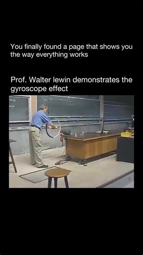 The Way Everything Works on Instagram: "Professor Walter Lewin famously demonstrates the gyroscopic effect by showing how a rapidly spinning wheel can defy ordinary expectations of motion. In his lectures, Lewin often sits on a low-friction platform holding a spinning bicycle wheel, and when he tilts the wheel’s axis, instead of falling over due to gravity, the wheel causes his entire body to rotate. This striking behavior occurs because of conservation of angular momentum: the spinning wheel re
