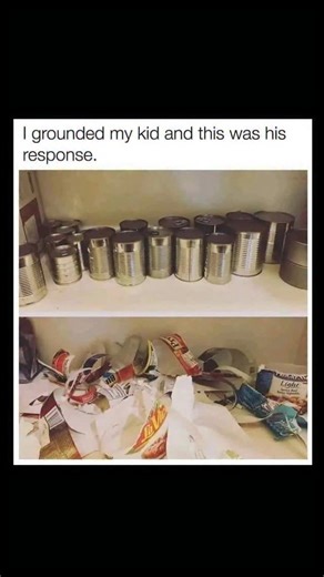 Johnny Bravo Explains Memes on Instagram: "Hey everyone, Johnny here to explain. This meme shows two images stacked vertically with the caption “I grounded my kid and this was his response,” and it’s funny because it plays on the idea of taking words too literally to be petty or clever. In the first image, there’s a shelf neatly lined with metal food cans, and in the second, you see all the ripped-off paper labels from those cans thrown into a messy pile. The joke is that when the parent said th