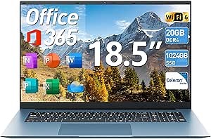 Naclud Laptop, 18.5 Inch Laptops with 20GB RAM 128GB EMMC+1024GB SSD Notebook, 1 Year Office 365, Celeron N5095 Quad-Core, Windows11 Home, Type-C, HDMI, 8000mAh, WiFi 6, USB3.2 * 3