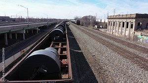 Gary, Indiana, USA - March 28, 2022: Raw steel sheets sit rolled up on trains outside Gary's industrial zones.
