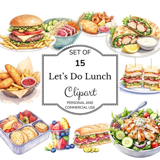 Lunch Clipart Bundle | 15 Watercolor Food Illustrations, Sandwiches Wraps Burgers Salads for Scrapbooking & Crafts - Etsy