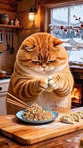 A chubby orange cat cooking: lamb and scallion dumplings, and lamb radish soup. Happy Winter Solstice! Did everyone eat dumplings and drink lamb soup today? | Li Li