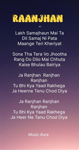 Ranjhan 💔 | Lyrics Video Status | Heart Touching Bollywood Song 2026 ✨ | Music Aura #Shorts#love#sad