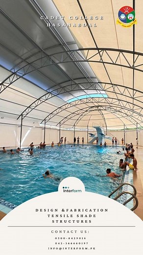 Tensile Fabric Shade Structure for Cadet College Hasanabdal Swimming Pool. Contact us for more details. Call: 92 300 8429016 WhatsApp: https://bit.ly/3AuXxVa Website: www.interform.pk Email us: info@interform.pk Facebook: www.facebook.com/Interform.pk Instagram: www.instagram.com/interform LinkedIn: www.linkedin.com/company/interformpk #carpark #architecture #landscape #sunshade #tensilefabric #dome #parking #canopy #retractable #interform #industry #housing #town #park #waiting #sitting #gate #
