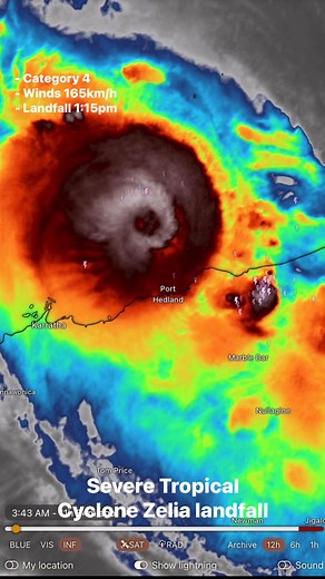 140K views · 457 reactions | Powerful Cyclone Zelia makes a landfall north east of PortHeadland this afternoon as a dangerous category 4 cyclone, forecast to head inland towards Marble Bar and then on to Newman | cyclonesoz | Facebook